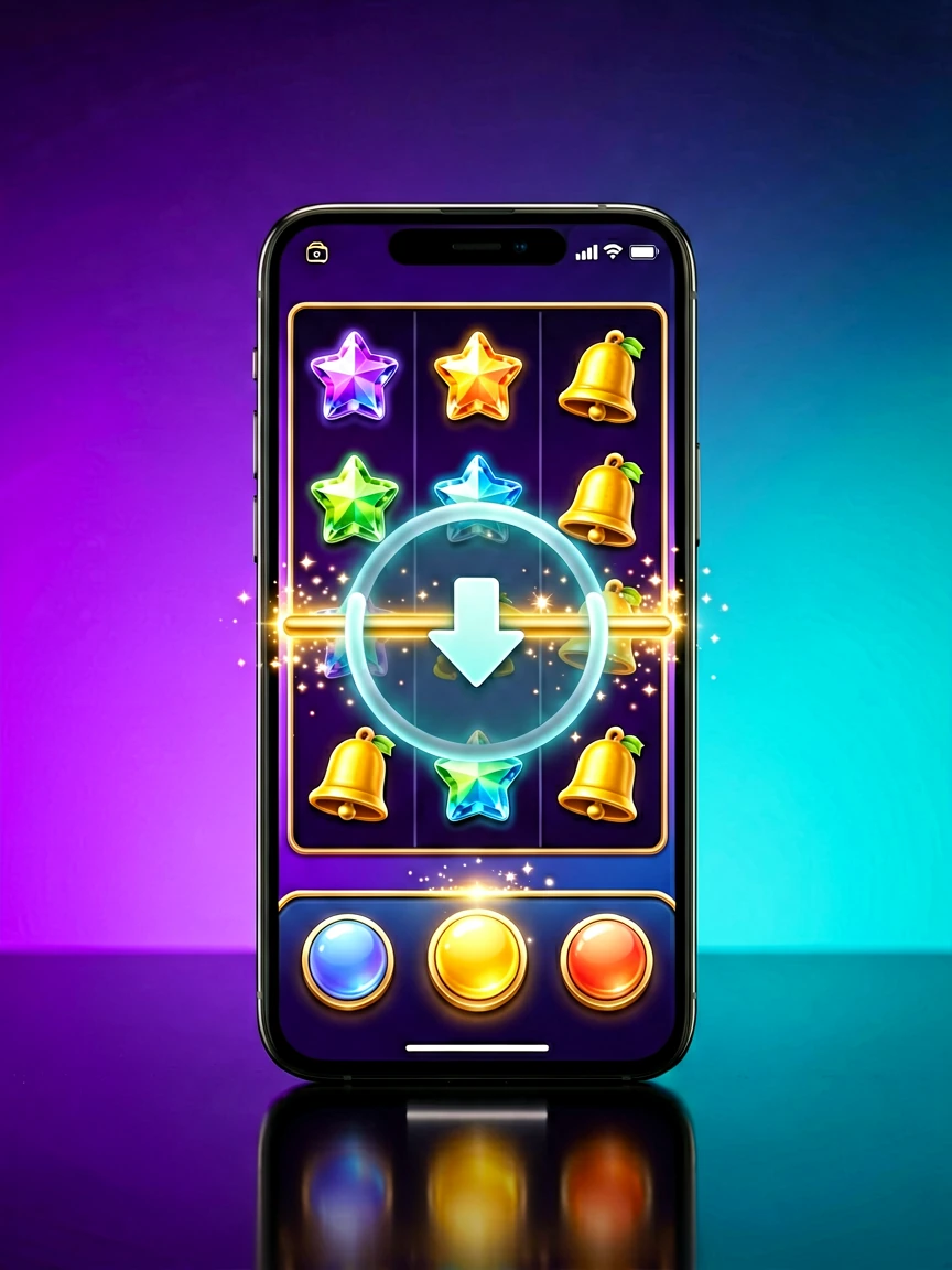 P6X APK ဒေါင်းလုဒ်လုပ်နေသည့် တောက်ပနေသော slot ဂိမ်းစခရင်ပါ ဖုန်းနှင့် download progress ring