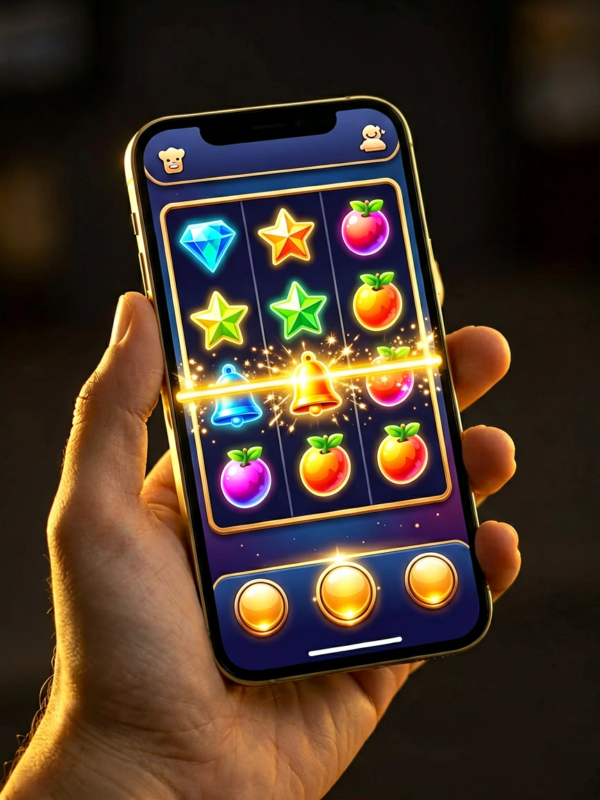 လက်ဖြင့်ကိုင်ထားသော ဖုန်းတစ်လုံးတွင် slot ဂိမ်းစခရင် ရွှေရောင်အလင်းရောင်ဖြင့် တောက်ပနေသည့်ပုံ