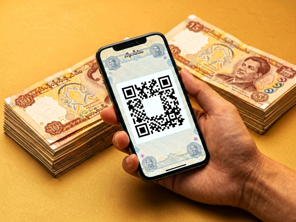 KBZPay အက်ပ်ဖြင့် QR ကုဒ်စကင်န်ဖတ်ရန် ပြင်ဆင်နေသည့်ပုံ၊ ဘေးတွင် ငွေစက္ကူအထပ်များ